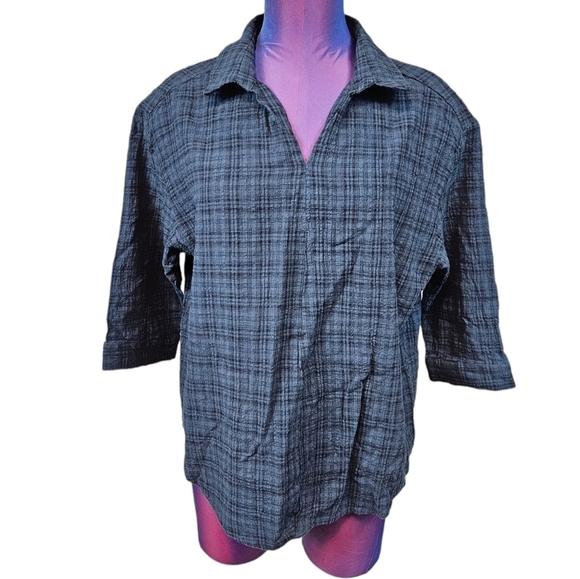 Mod Ref Blue & Black Plaid Crinkle 3/4 Sleeve‎ Collared Shirt Size Medium Q29 - Picture 1 of 8